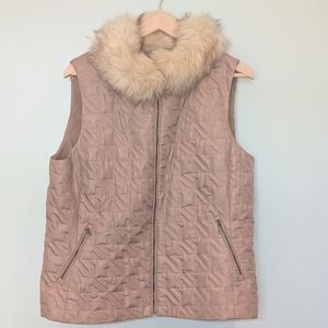 Doncaster Women's Quilted Vest with Faux Fur Collar - Beige Size 16 Houndstooth